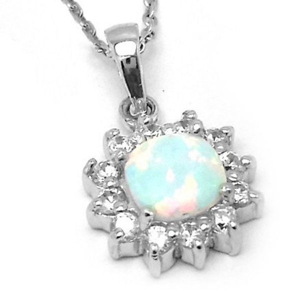 Silver 925 Rhodium Plated Opal Sun CZ Stud Earring and Necklace Set